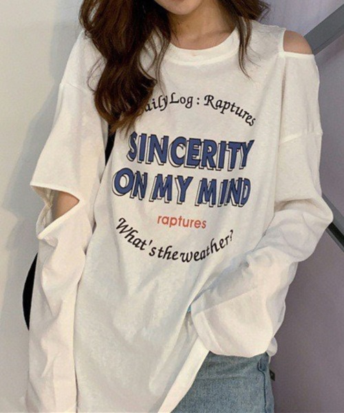tシャツ 肩開き胸プリントロンT レディース
