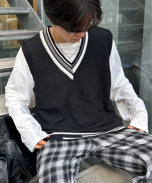 MH L グレー Vネック ニットベスト セール】 Vネックニットベスト≪手洗い可能≫ （ニット・セーター