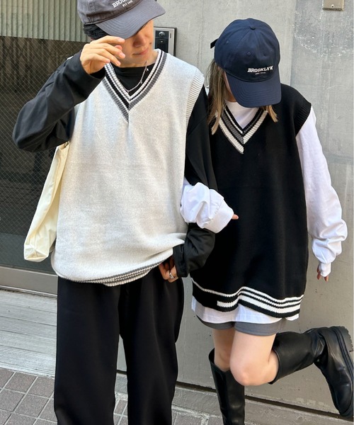 link lot ベスト ジレ クレイジーパターンプレッピーVネックニット