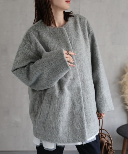 sakishimatokyo ノーカラーコート コート シャギー ノーカラーコクーン