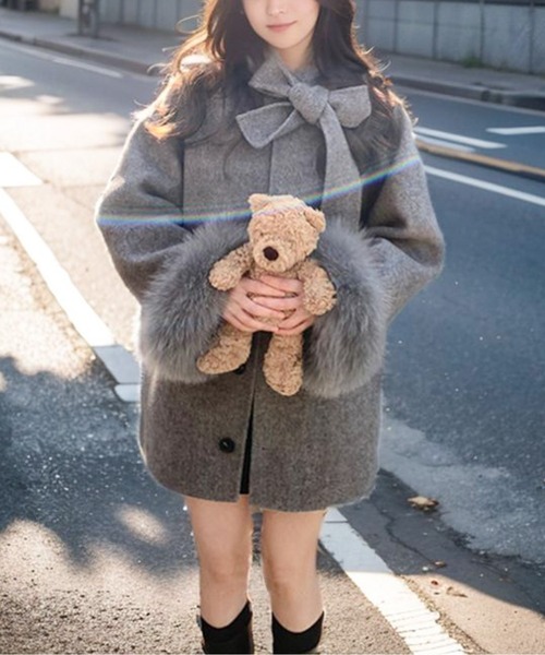 LUCPY コート アウター エコファーカフス付リボンコート レディース