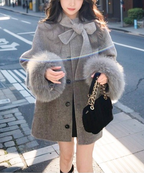 LUCPY コート アウター エコファーカフス付リボンコート レディース