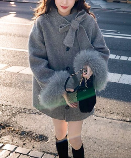 LUCPY コート アウター エコファーカフス付リボンコート レディース