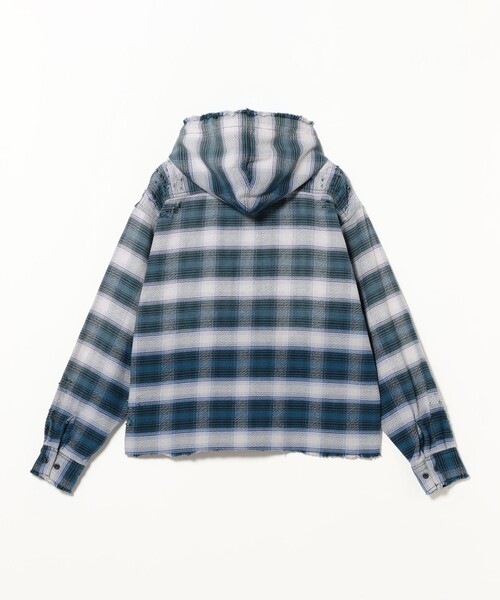 BEAMS（ビームス） シャツ ダメージ フード チェック シャツ「ワイド