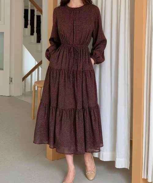FINEnough ワンピース 小ヒョウ柄ハイネックフリルワンピース