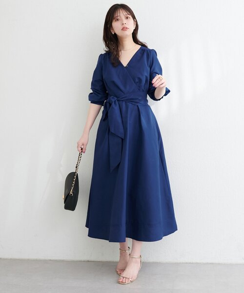 美品✨23区✨大きいサイズ 48 リボン付カシュクールワンピース　ネイビー natural couture ワンピース リボン付きカシュクールワンピース