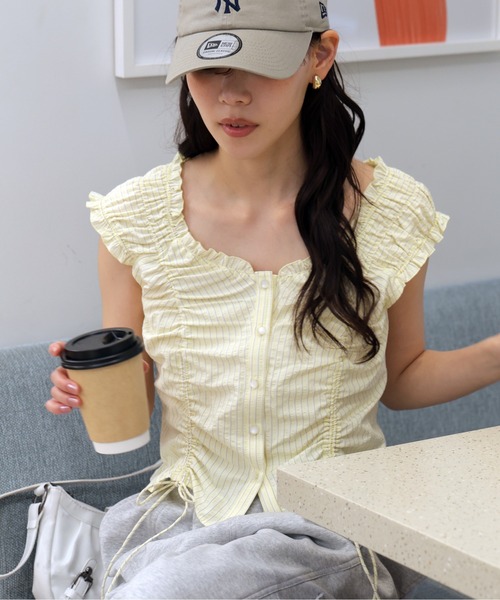 ブラウス シャツ ドロストリボンフレンチブラウス レディースの画像