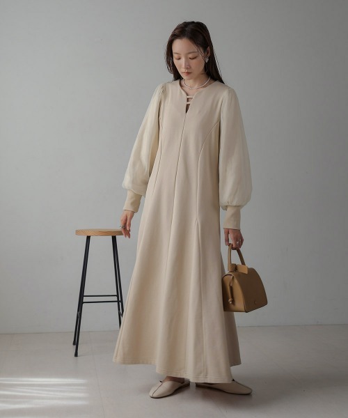 「Bab」 長袖ワンピース M グレイッシュベージュ レディース_画像6