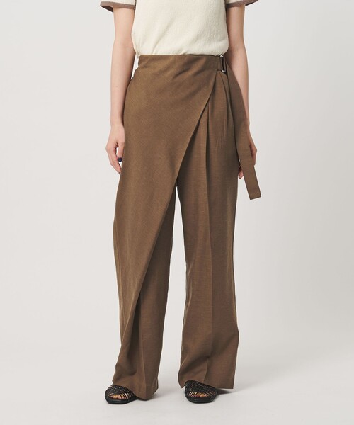 ワイドパンツ パンツ フロントラップ ベルト パンツ ウォッシャブル レディースの画像