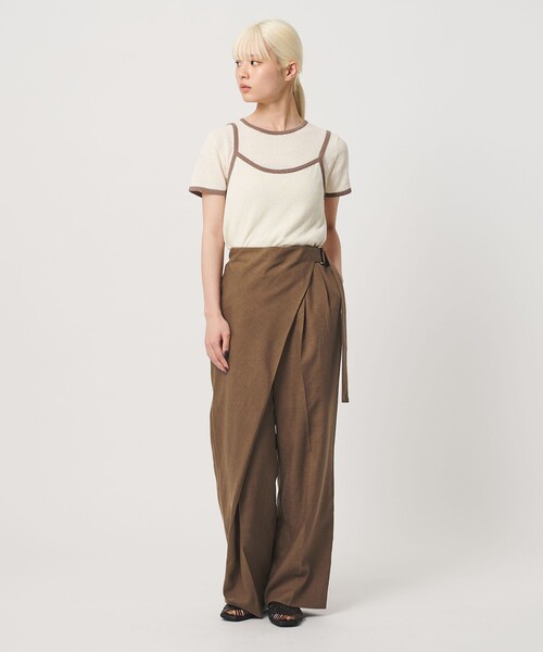 ワイドパンツ パンツ フロントラップ ベルト パンツ ウォッシャブル レディースの画像