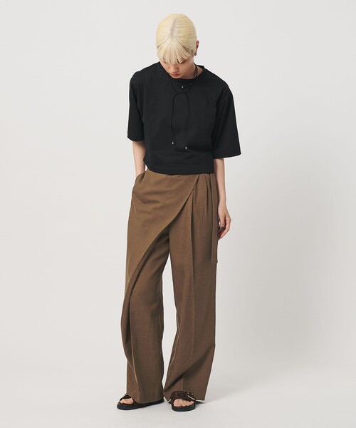 ワイドパンツ パンツ フロントラップ ベルト パンツ ウォッシャブル レディースの画像