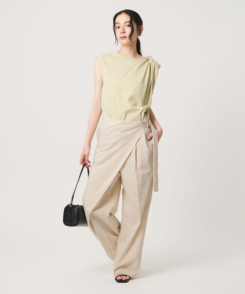 ワイドパンツ パンツ フロントラップ ベルト パンツ ウォッシャブル レディースの画像