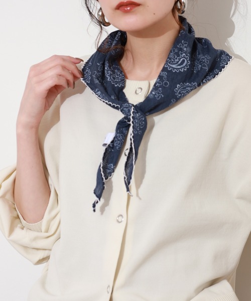 Crossi ストール マフラー ペイズリー柄スカラップ刺繍ナロースカーフ