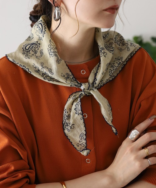 Crossi ストール マフラー ペイズリー柄スカラップ刺繍ナロースカーフ