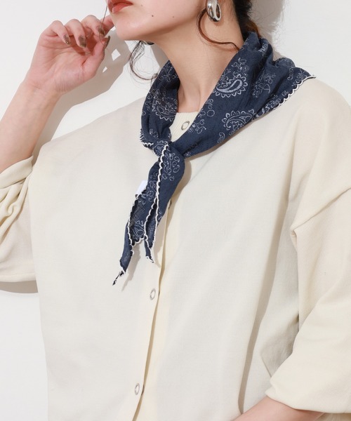 Crossi ストール マフラー ペイズリー柄スカラップ刺繍ナロースカーフ