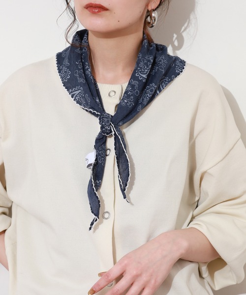 Crossi ストール マフラー ペイズリー柄スカラップ刺繍ナロースカーフ