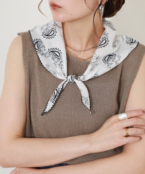 Crossi ストール マフラー ペイズリー柄スカラップ刺繍ナロースカーフ