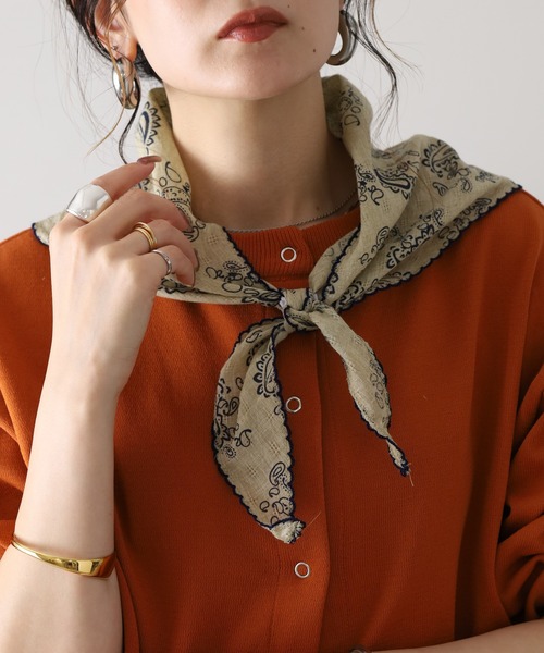 Crossi ストール マフラー ペイズリー柄スカラップ刺繍ナロースカーフ