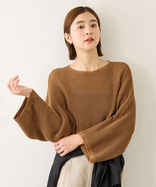 ニット セーター リネン混 透かし編みドルマンプルオーバー/サマーニット レディースの画像