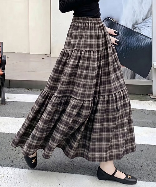 タータンチェック ティアード チェック ロングスカート チェック