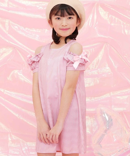 Bee des ワンピース 袖フリル×リボン肩あき半袖ワンピ キッズ
