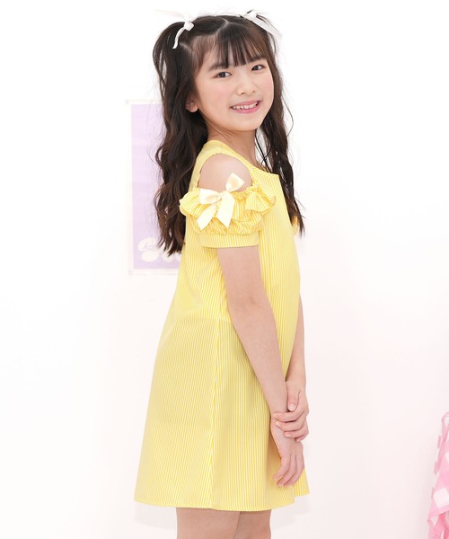 Bee des ワンピース 袖フリル×リボン肩あき半袖ワンピ キッズ