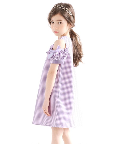 Bee des ワンピース 袖フリル×リボン肩あき半袖ワンピ キッズ