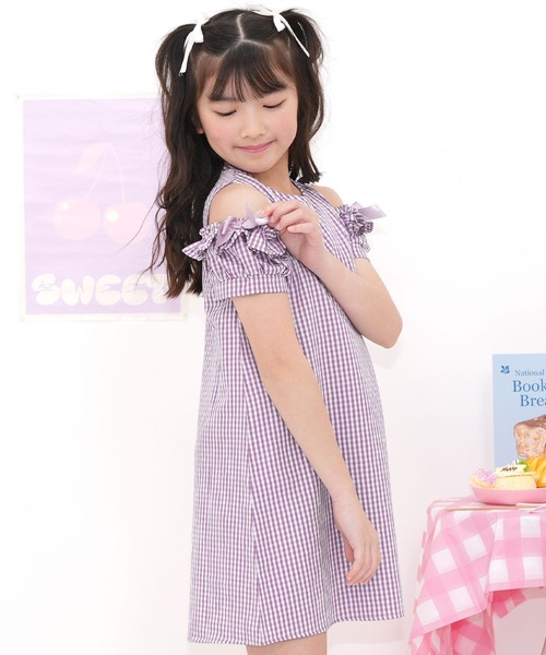 Bee des ワンピース 袖フリル×リボン肩あき半袖ワンピ キッズ