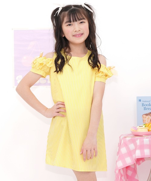 Bee des ワンピース 袖フリル×リボン肩あき半袖ワンピ キッズ