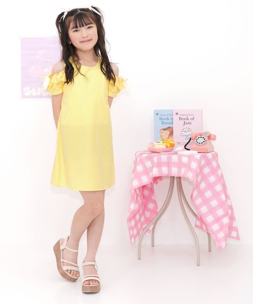 Bee des Bee ワンピース 袖フリル×リボン肩あき半袖ワンピ キッズ 子供