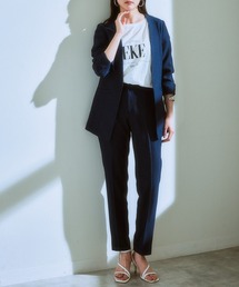 ROPE セットアップ パンツスーツ ノーカラー 洗濯可 ストレッチ性 ネイビー RELAX TAPERED】【年間】ノーカラー ホック留めパンツスーツ