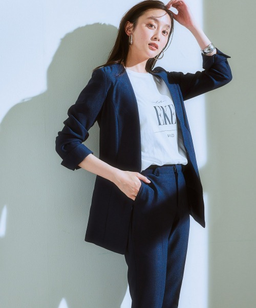 美品 23区 パンツスーツ ノーカラー ストレッチ リネン ウォッシャブル 黒 7days Life Styling セットアップ 「洗える」リネンライク
