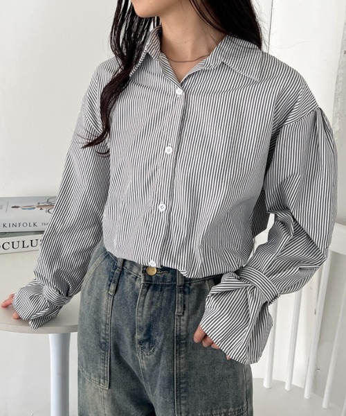 美品⁑エブール　2way ローガンコットンストライプシャツブラウス　グレー　38 LOWRYS FARM - [2WAYで使える] EASYケアストライプシャツ 54の通販 by