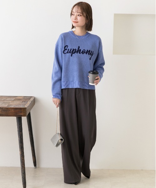 YK　新品 アルテア リネンコットン ジャガード ニット セーター L 青 ad thie（アドティエ） ニット セーター 配色ロゴデザイン ジャガード