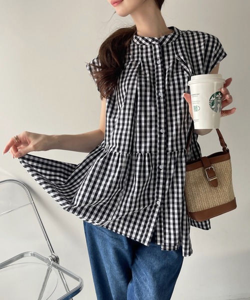 ブラウス シャツ ギンガムチェックバイカラーペプラムトップス レディース ブラウス シャツ ノーカラー ペプラム ギンガムチェック