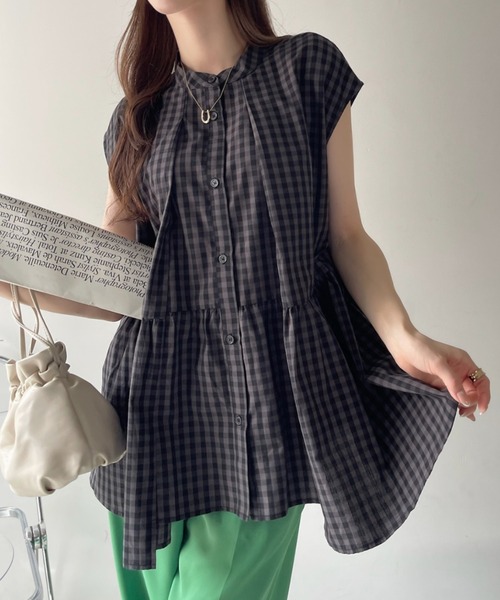 美品　シップス　ブロードペプラムブラウス　ギンガムチェックシャツ　体型カバー白黒 SHIPS シップス【洗える】ペプラムブロードブラウス ギンガム