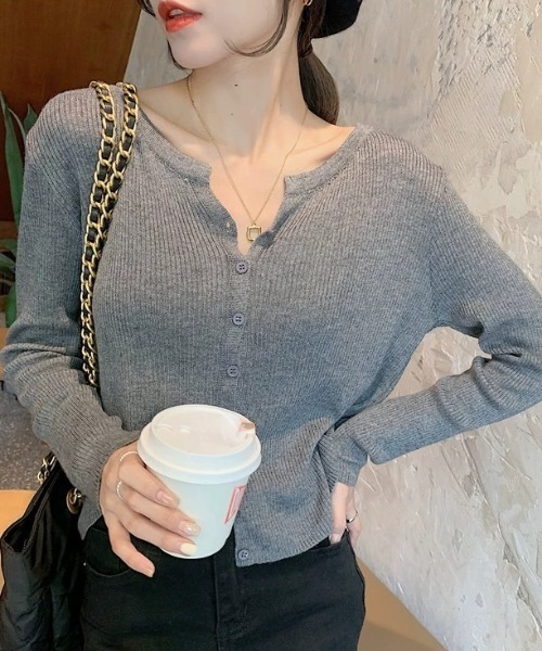 shein vネック　ボタンフロント　リブトップス shein vネックボタンフロントリブトップス