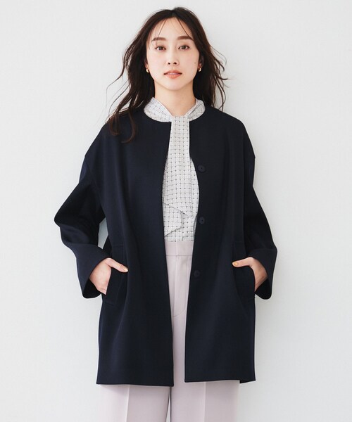 UNTITLED アンタイトル ノーカラーコクーンコート ポケット ネイビー 2 UNTITLED（アンタイトル） ノーカラーコート コート 「ゆったり/軽やか