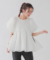 フィットモア　クリンクルシアーオーガンジーペプラムトップス　ホワイト　新品 Fit more（フィットモア） クリンクルシアーオーガンジーペプラム