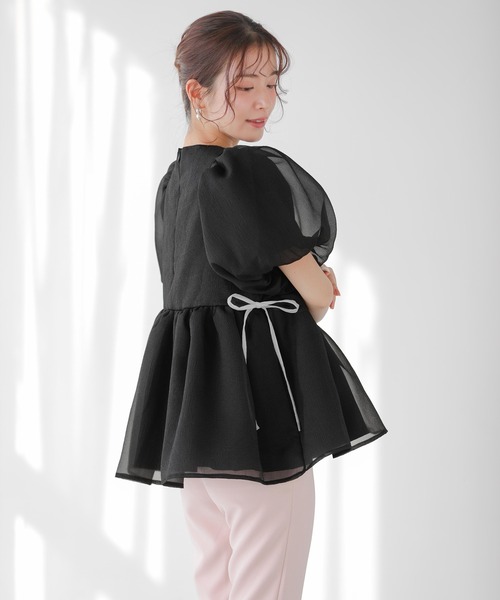 フィットモア　バイカラーオーガンジーペプラムトップス　ネイビー Fit more バイカラーオーガンジーペプラムトップス レディース