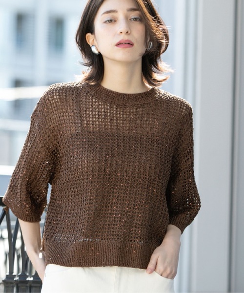 新品タグ付き】 seyto オープンワークスパンコールニット グレー