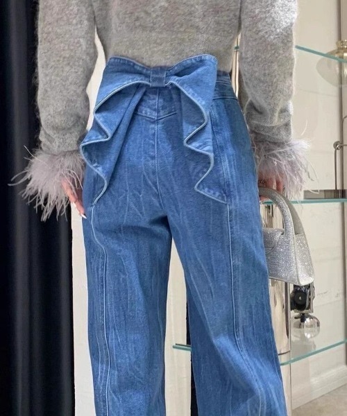 デニム・ジーパン RONRON RIBBON PRINTED DENIM PANTS MEDIUM BLUE RR24APT3539MB RonRon】☆RIBBON PRINTED DENIM PANTS (RONRON/デニム