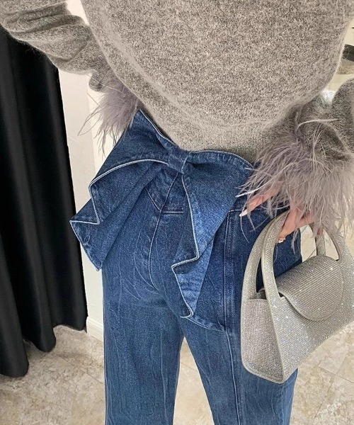CALNAMUR バックリボンデニムパンツ S ブラック BACK RIBBON DENIM PT/バックリボンデニムパンツ[品番