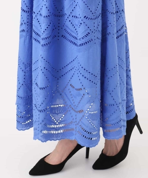 美品❣️ MICHEL  コットン100% スカート　ブルー MK MICHEL KLEIN スカート コットン刺繍カットワークギャザー