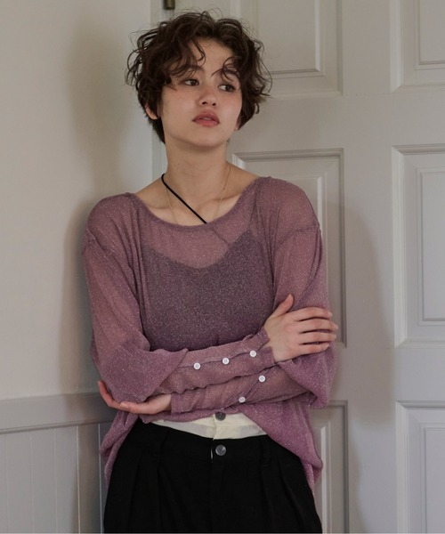 loin nuit tシャツ glitter sheer long sleeve tops