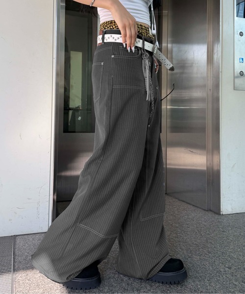 スラックス パンツ ステッチダブルニースラックス レディース メンズ