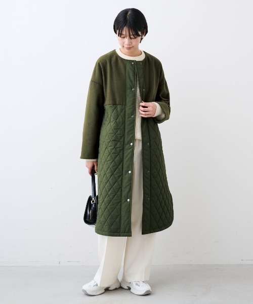 フラワーキルティングコート　カーキ IEDIT（イディット） ノーカラーコート コート ウール混メルトン遣いの