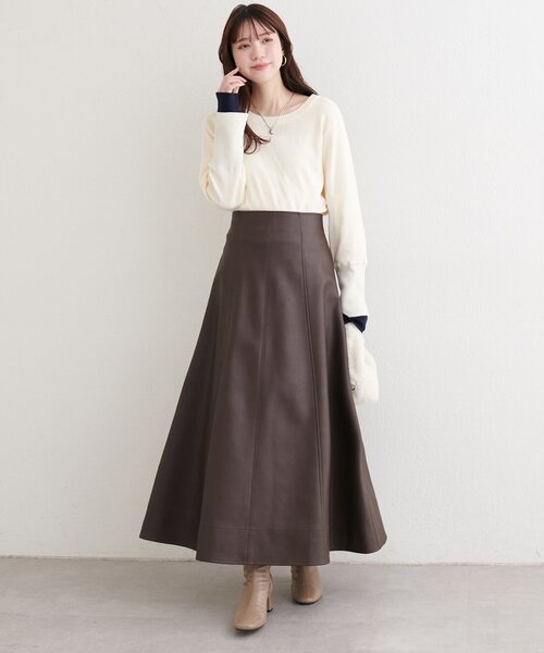 natural couture ロング スカート フェイクレザーフレアスカート