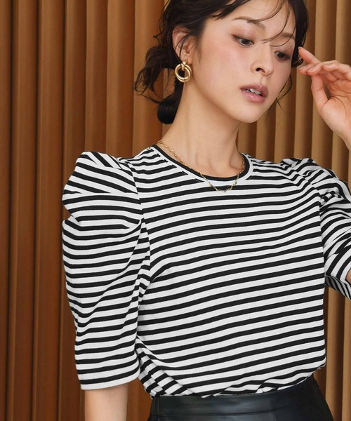 ELFRANK tシャツ 「2026SS」パワーショルダー五分袖ボーダーTシャツ