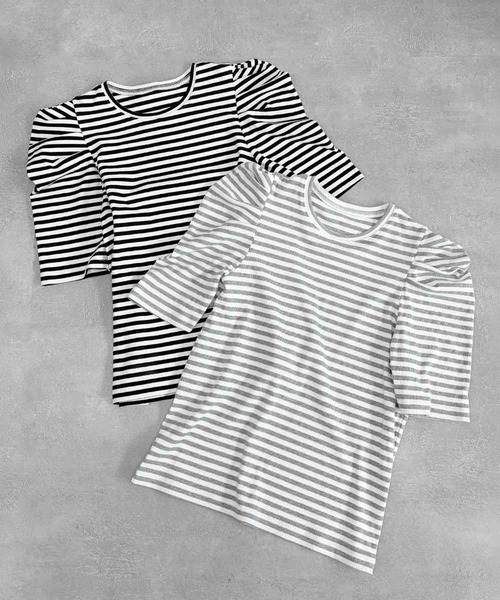 ELFRANK tシャツ 「2026SS」パワーショルダー五分袖ボーダーTシャツ